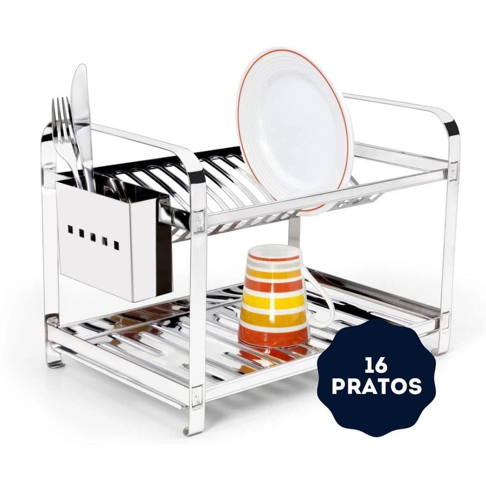 Escorredor 16 Pratos Em Aço Inox Com Porta Talheres Com Bandeja Coletora 2016P Mak Inox