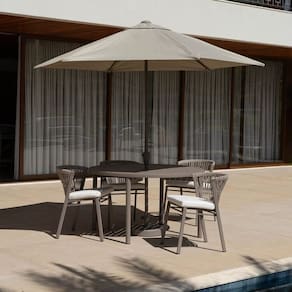 Conjunto Jardim 1 Mesa Ø130cm 4 Cadeiras sem Braços 1 Ombrelone Refúgio Cabecasa Madeiramadeira Champanhe/Quaker areia