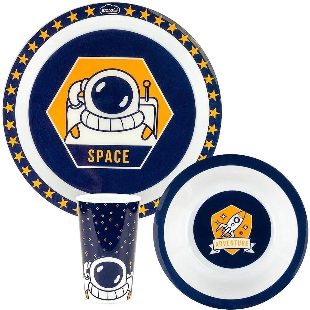 Kit Alimentação Prato Copo Tigela Astronauta Infantil Bebê
