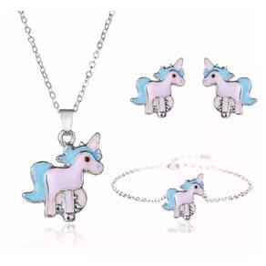 Conjunto Colar Brinco Pulseira Unicórnio Prateado Azul K5486