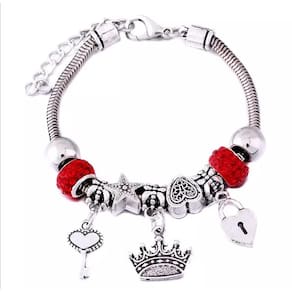 Pulseira Berloque Prateada Coroa Coração Fechadura B7523