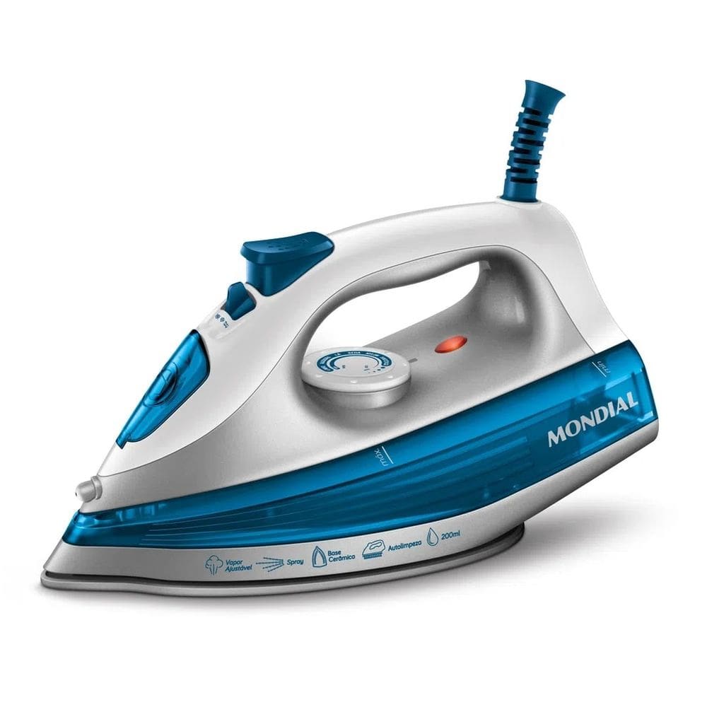 Ferro de Passar Mondial Base de Cerâmica com Vapor Extra e Cabo Giratório 127v Branco/Azul FVN-01-BL