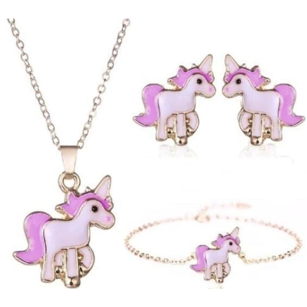 Conjunto Colar Brinco Pulseira Unicórnio Dourado Rosa K5486