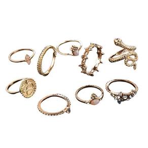 Anel Dourado 9Peças Joia Cobra Pedra Brilho Strass A9512