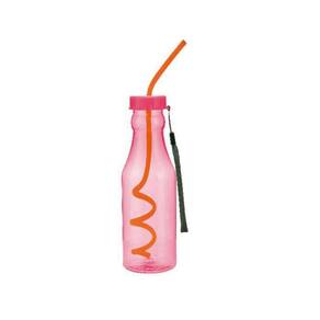 Garrafa Plástica Com Canudo Espiral 550Ml Rosa 91Rs