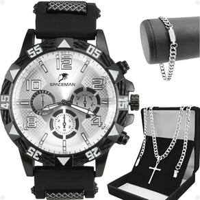relogio masculino aço inox + cordão crucifixo + pulseira  preto spaceman cruz fina aço inoxidável