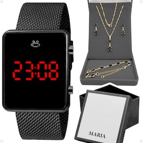 relogio feminino digital preto + caixa + brincos + colar silicone quadrado aço inoxidavel presente