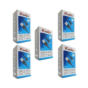 Kit 5 Cabos Micro-Usb V8 Kingo Preto 1M 2.1A P/ Moto E6 Play