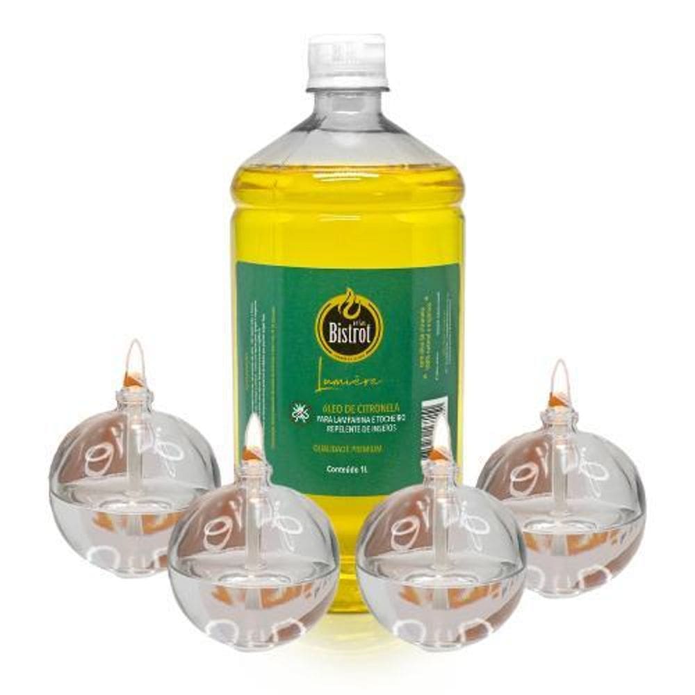 Kit 4 Lamparinas Decorativas Bola Incolor + 1L De Citronela