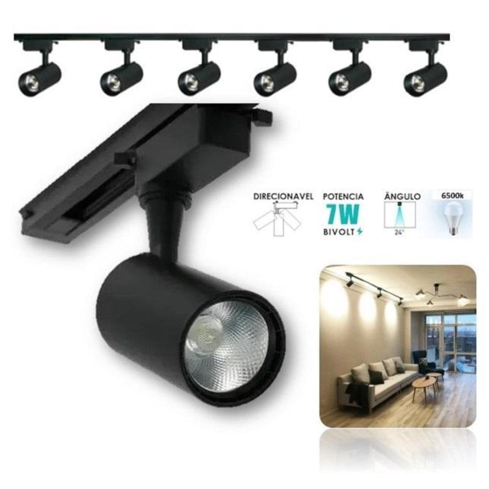 Kit Trilho Eletrificado 2 Metros 6 Spots Led 7W Preto 6500K