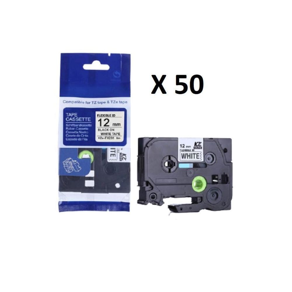 Kit 50 Fitas Flexível Compatível Tze-Fx231 Branca 12Mm