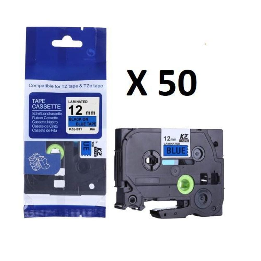 Kit 50 Fita Compatível Brother Tze-531 Azul Letra Preta 12Mm