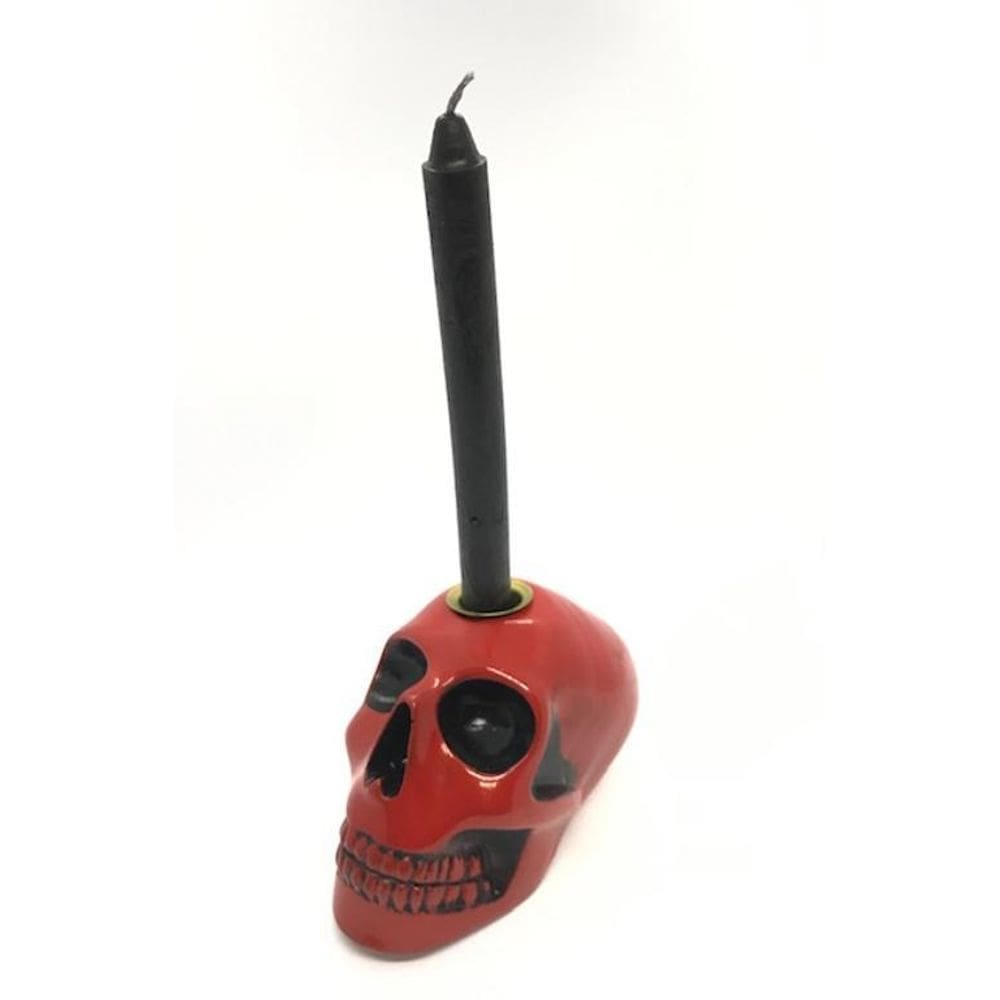Porta Velas Crânio Vermelho Em Resina 10 Cm
