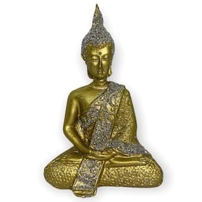 Escultura Buda Tibetano Meditando 12 Cm Prata E Dourado