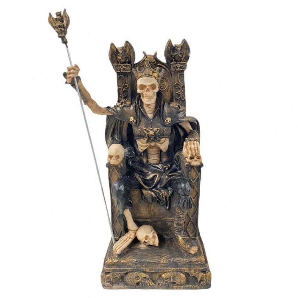 Escultura Exu Caveira No Trono Preto Com Dourado 35Cm Resina