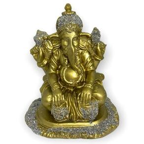 Escultura Ganesh Batucando 10Cm Prata E Dourado Em Resina