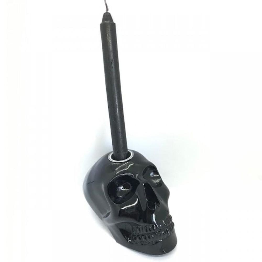 Porta Velas Crânio Preto Em Resina 10 Cm