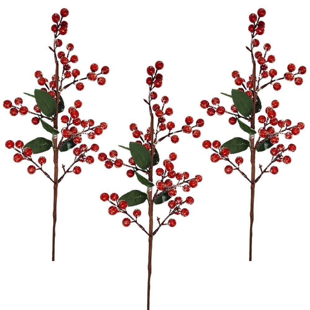 Kit 3 Galhos Pick Decorativo Natal Azevinhos Vermelho Nevado 40cm - Master Christmas