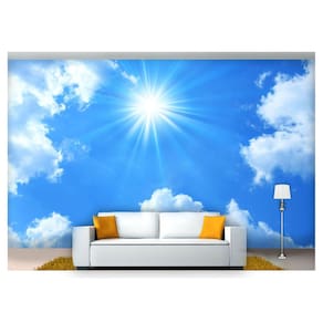 Papel De Parede Céu Azul Nuvens Brancas Sol 3D Nsk70