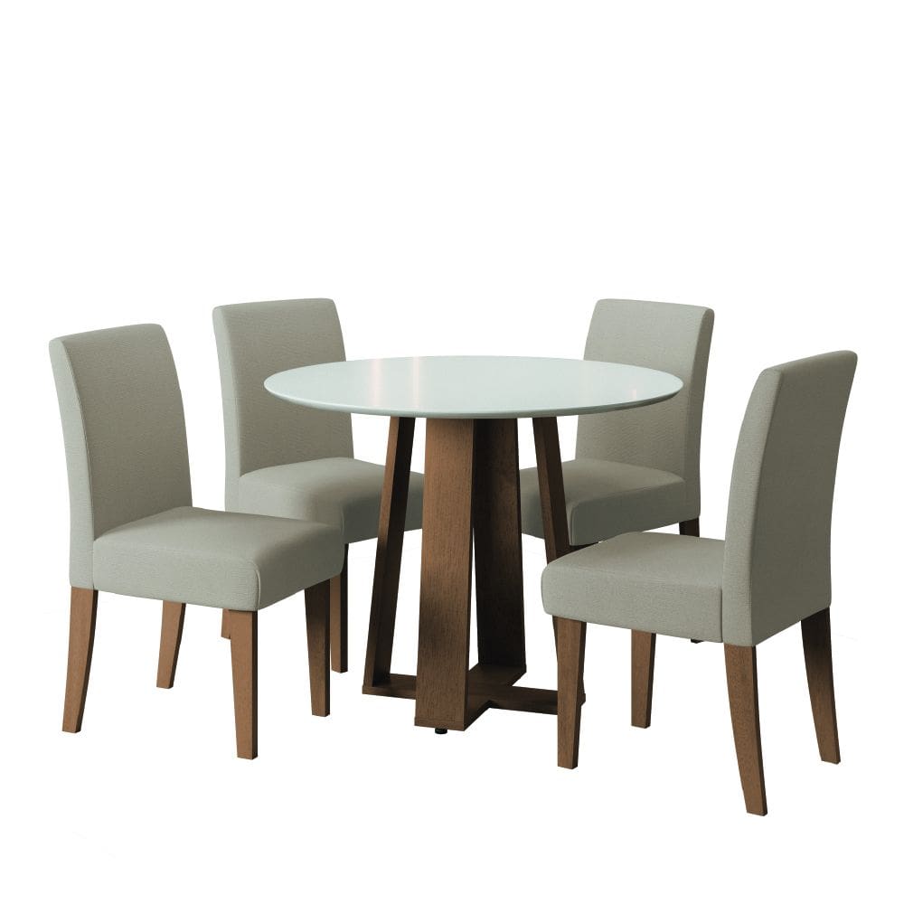 Conjunto de Mesa Sala de Jantar Athenas Redonda 1,03m 4 Cadeiras Trieste Cedro / Off White / Areia Dobuê