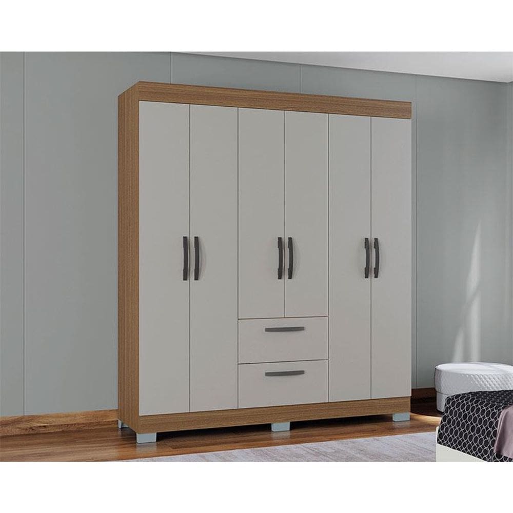 Guarda Roupa Casal Ambiente Tóquio 6 Portas Castanho Off White - Poquema