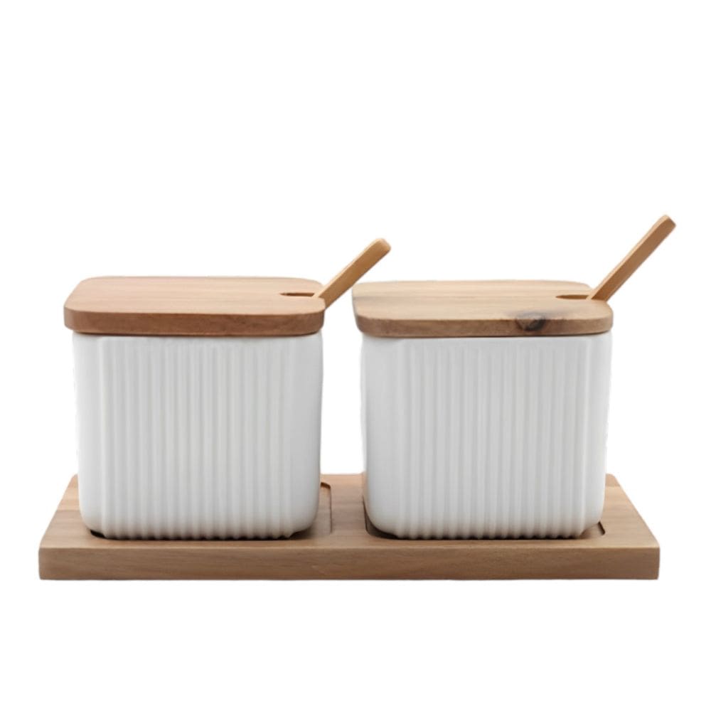 Jogo 2 Porta Condimento em Cerâmica Com Tampa De Bambu