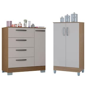Cômoda 868 4 Gavetas e 1 Porta com Armário Multiuso 2 Portas Pequeno Castanho Off White - Poquema