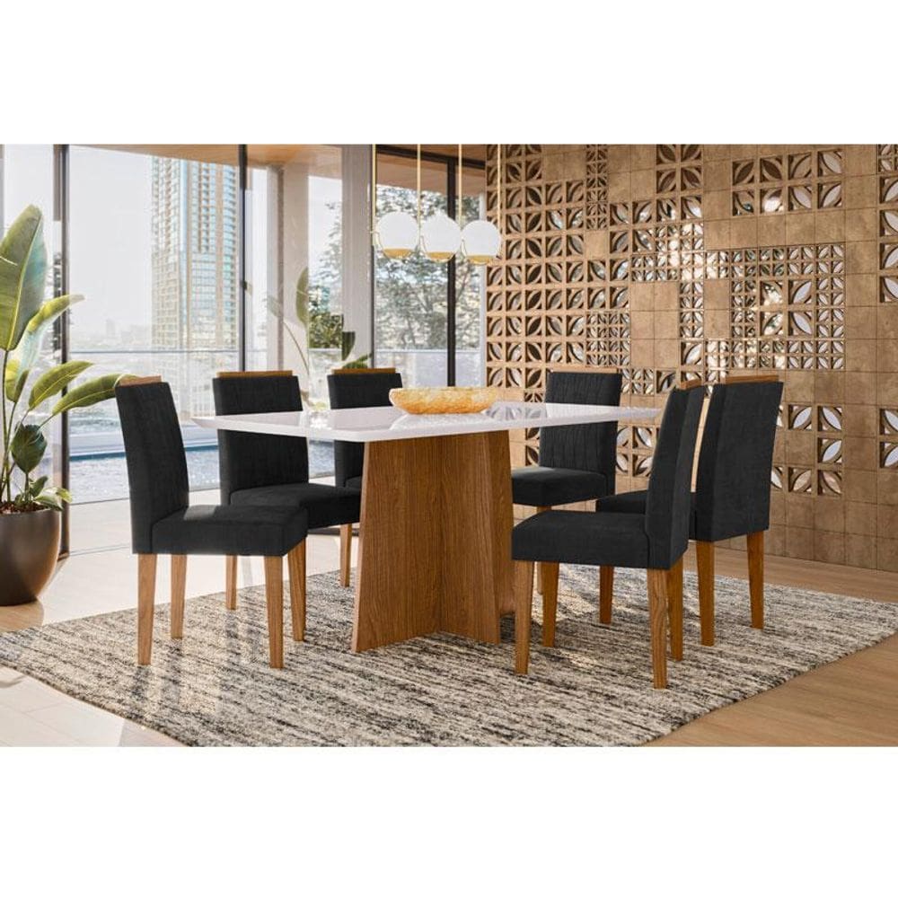 Mesa de Jantar Ambiente Anitta 160x90 cm com Vidro Ype Off White e 6 Cadeiras Ana Ype Veludo Preto - New Ceval