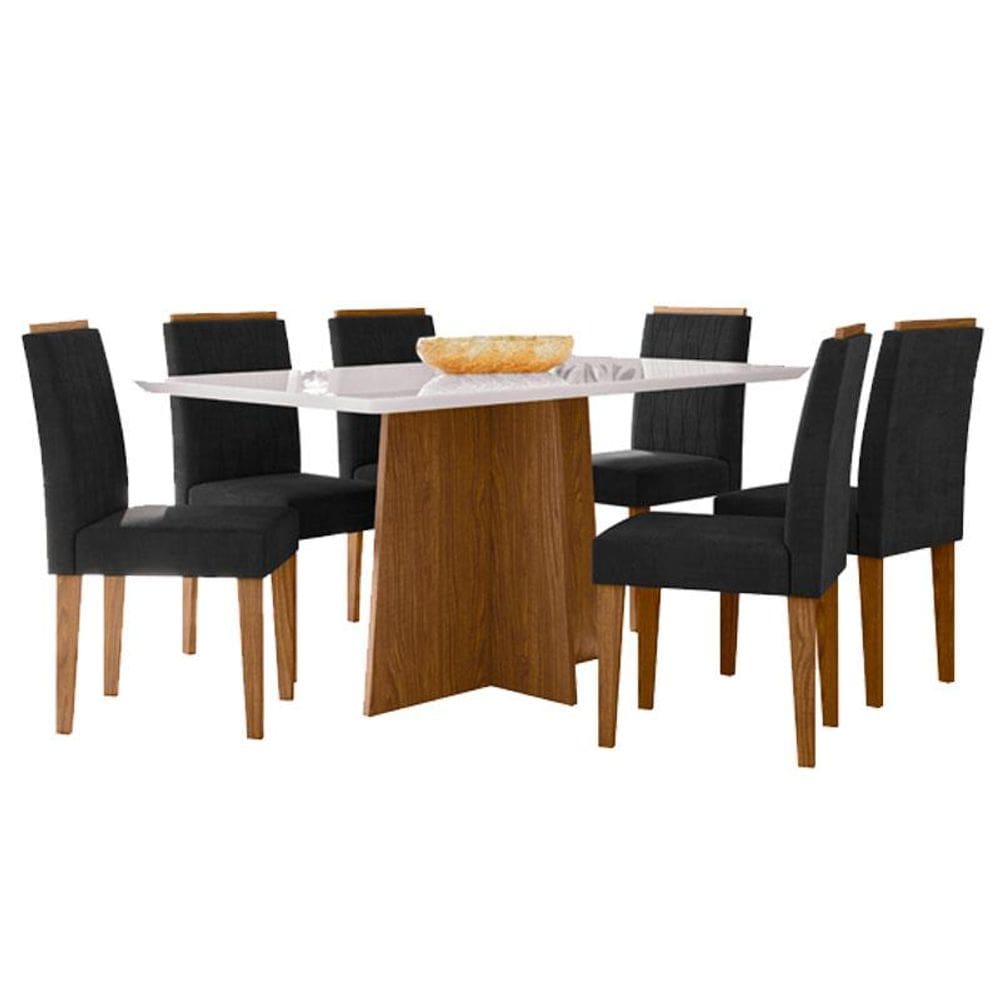 Mesa de Jantar Anitta 160x90 cm com Vidro Ype Off White e 6 Cadeiras Ana Ype Veludo Preto - New Ceval