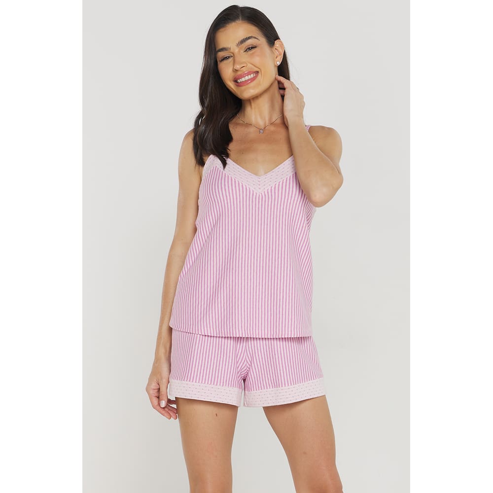 Pijama Feminino Curto de Alças com Recortes Contrastante