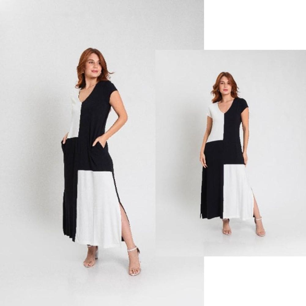 Vestido longo bicolor com bolsos Virou Moda