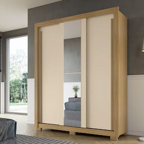 Guarda Roupa Casal Dallas 3 Portas 2 Gavetas com Espelho I01 Carvalho Off White - Clique Chique Móveis