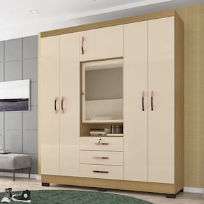Guarda Roupa Casal Roma 6 Portas 3 Gavetas com Espelho I01 Carvalho Off White - Clique Chique Móveis