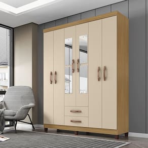 Guarda Roupa Casal Aspen 6 Portas 2 Gavetas com Espelho I01 Carvalho Off White - Clique Chique Móveis