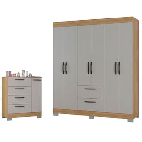Cômoda 868 4 Gavetas e 1 Porta com Guarda Roupa Casal Tóquio 6 Portas Damasco Off White - Poquema