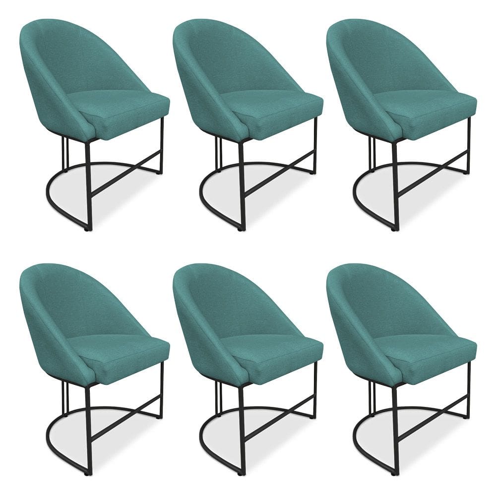 Kit 06 Cadeiras Poltrona de Jantar Bela Suede Azul Turquesa Base Metálica Industrial Preto - Pallazio