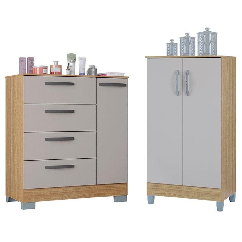 Cômoda 868 4 Gavetas e 1 Porta com Armário Multiuso 2 Portas Pequeno Damasco Off White - Poquema