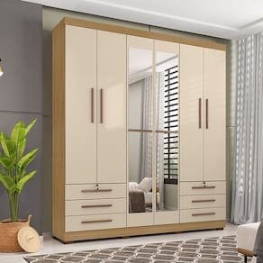 Guarda Roupa Casal Viena 6 Portas 6 Gavetas com Espelho I01 Carvalho Off White - Clique Chique Móveis