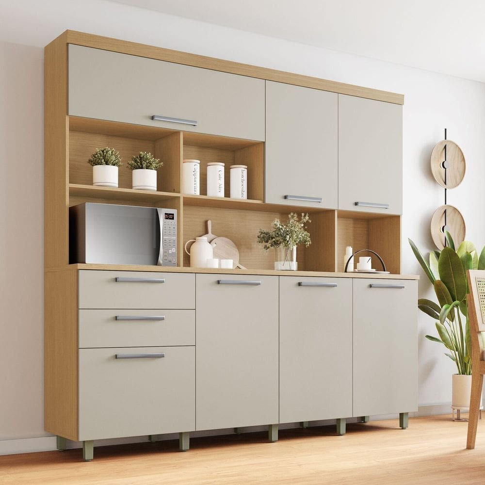 Cozinha Compacta 7 Portas 2 Gavetas Nobreza 210cm 100% Mdf Carvalho/Greige