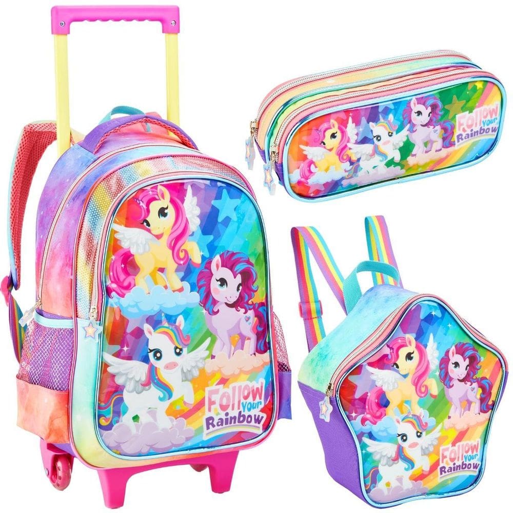 Kit Mochila Rodinhas Lancheira Estojo Feminino Rainbow Poney