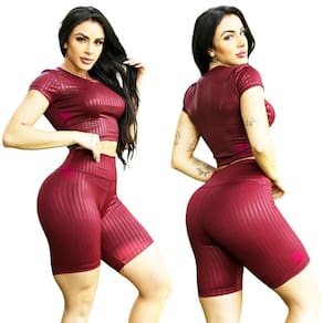 Conjunto Bermuda e Cropped Básico de Poliéster Feminino