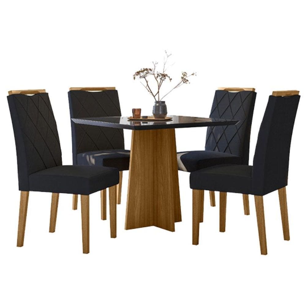 Mesa de Jantar Anitta 90x90 cm com Vidro Ype Preto e 4 Cadeiras Sarah Veludo Preto – New Ceval
