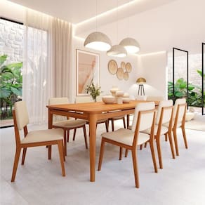 Conjunto Sala de Jantar 1 Mesa 210cm 8 Cadeiras Estofadas Miriti Cabecasa madeiramadeira Caramelo/Creme