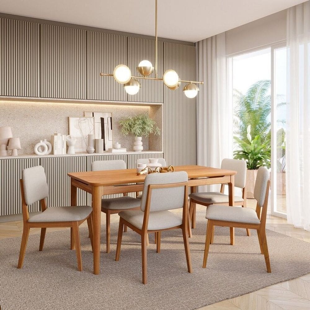 Conjunto Sala de Jantar 1 Mesa 160cm 6 Cadeiras Estofadas Miriti Cabecasa madeiramadeira Caramelo/Creme