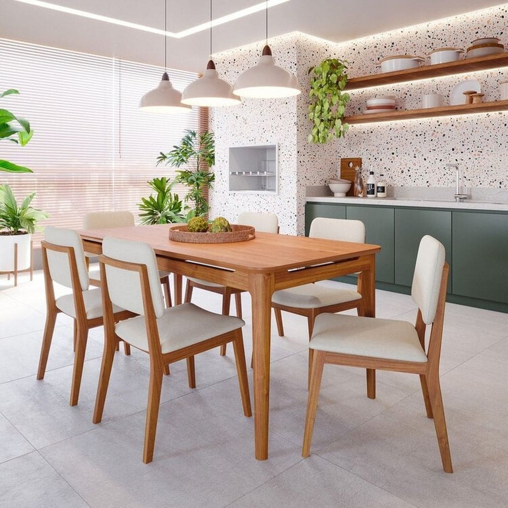Conjunto Sala de Jantar 1 Mesa 180cm 6 Cadeiras Estofadas Miriti Cabecasa madeiramadeira Caramelo/Creme