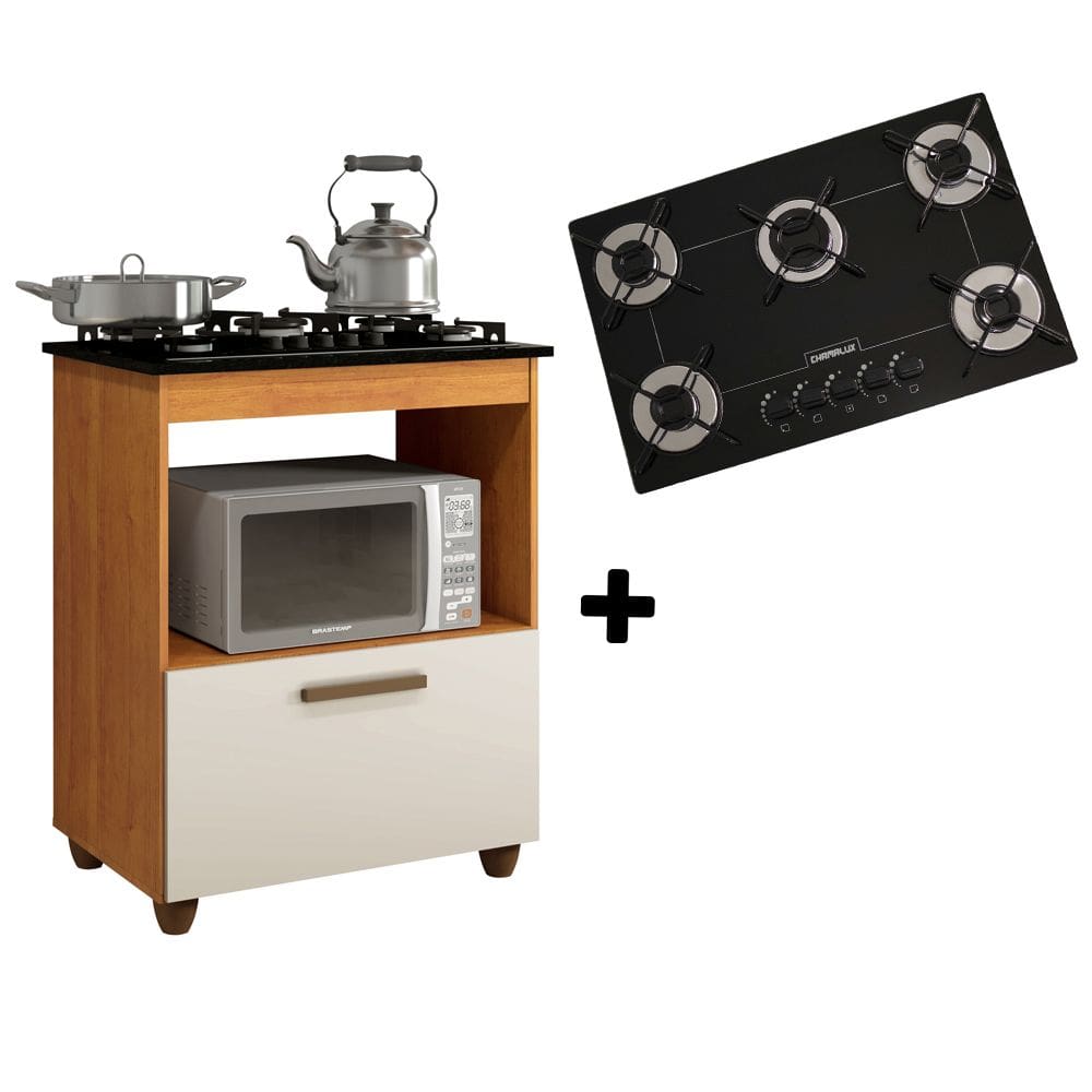 Kit Balcão Cooktop Cozinha Salvia Nature Off White e Fogão Cooktop Ultrachama 5 Bocas Preto