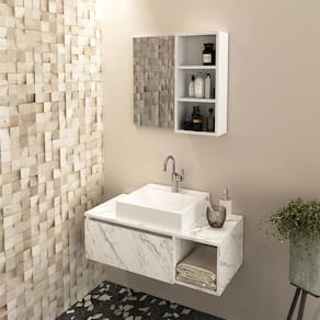Conjunto Banheiro Suspenso Mármore Branco com Cuba e Espelheira Branco Tecno Mobili