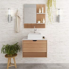 Conjunto Gabinete de Banheiro com Espelho Amêndoa Mármore Branco Tecno Mobili