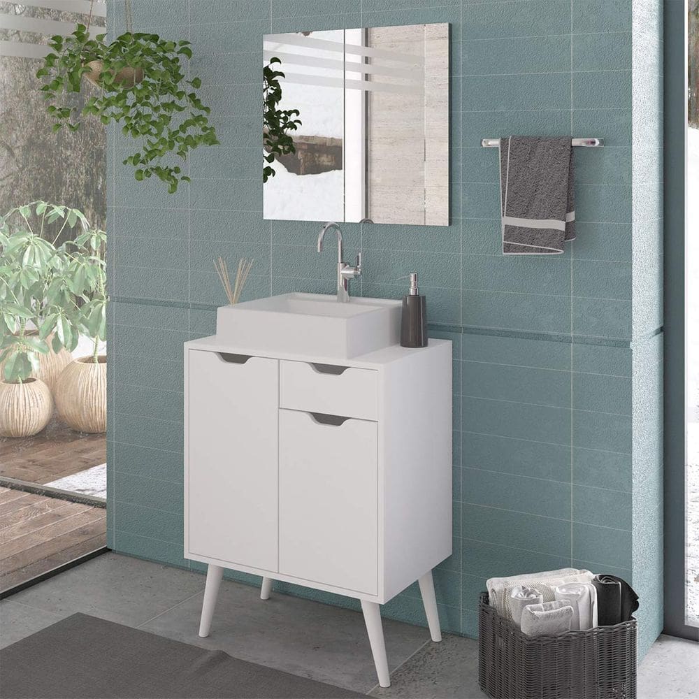 Conjunto de Pia e Espelho para Banheiro Branco Tecno Mobili