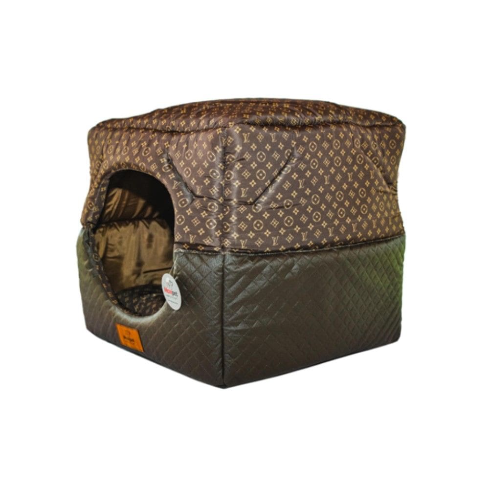 Cama para Cachorro Toca Quadrada em Corino + Poliéster Marrom Escuro LV Grande (G) 50 x 50 x 50 cm